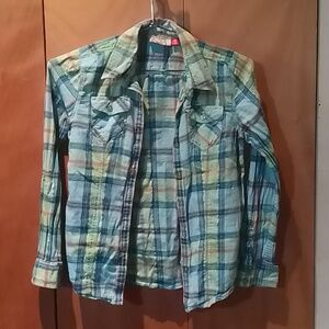 Girl's plaid shirt in beachy colors w/silver threads and glitz lime buttons, M.